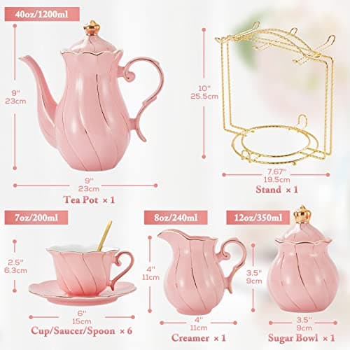 DUJUST 22 Piece Pink Luxury Tea/Coffee Set, Golden Trim, Perfect Gift for Women