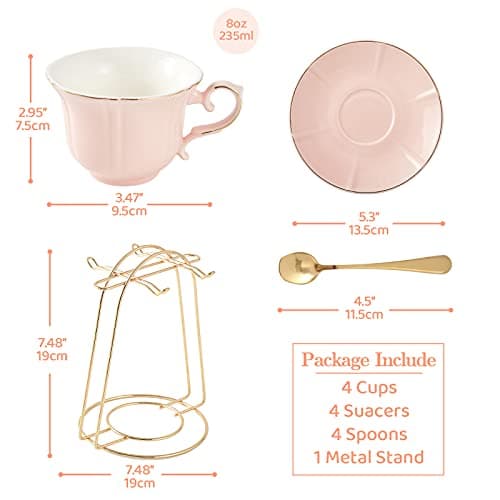 DUJUST Pink Tea Cup Set with Saucers (Set of 4) - 8 oz Porcelain with Gold Trim and Metal Stand