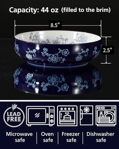 Sakura Floral Series Midnight Blue Porcelain Pasta Bowls Set of 6 - 40 Oz, Large Colorful Salad Pasta Bowls