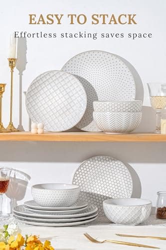 12-Piece Elegant Stoneware Dinnerware Set for 4, Microwave & Dishwasher Safe