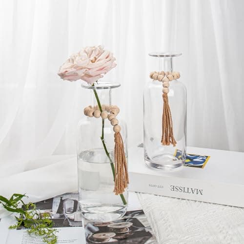 Clear Glass Vase Set - 2PCS Farmhouse Vases with Wood Beads