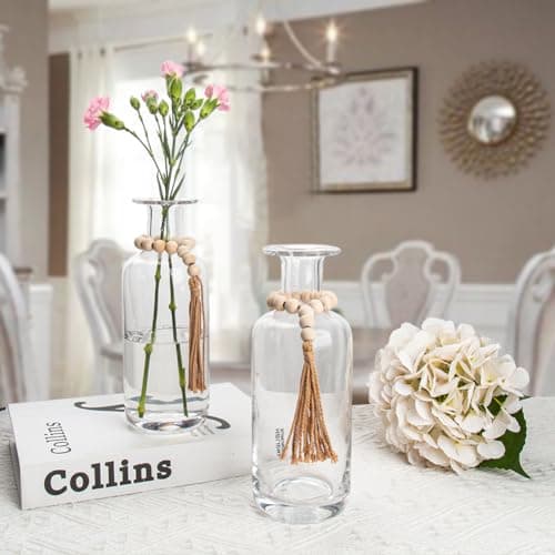 Clear Glass Vase Set - 2PCS Farmhouse Vases with Wood Beads