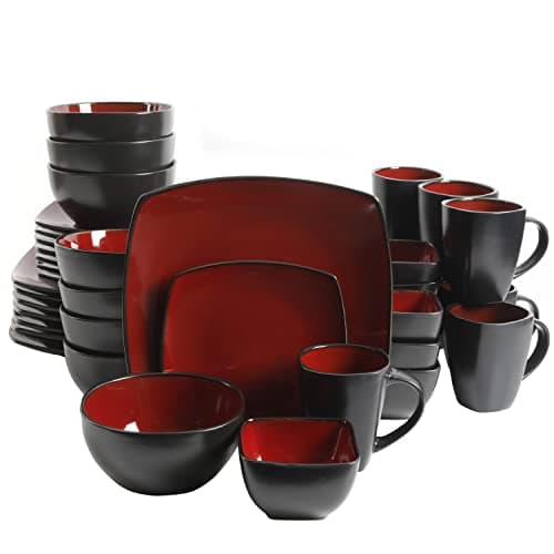 Gibson Elite Soho Lounge Dinnerware Set, Soft Square, Teal, Service for 4 (16pc) — Red/Black
