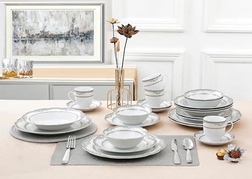 Lorren Home Trends 24-Piece Victoria Porcelain Dinnerware Set, White