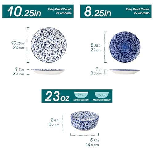 Vancasso SELENE 4-Piece Plates and Bowls Set, Microwave & Dishwasher Safe Porcelain Blue