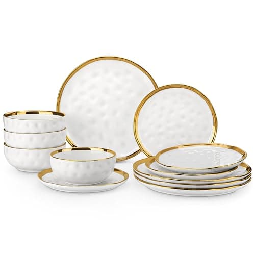 LOVECASA White and Gold Porcelain Dinnerware Set, 12-Piece Plate and Bowl Kit, Dishwasher Safe