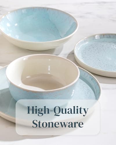 Modern Beige and Blue 32-Piece Stoneware Dinnerware Set - Scratch Resistant & Dishwasher Safe