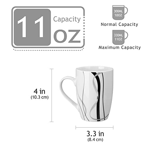 6-Piece Ceramic Coffee Mugs Set, 11 OZ, White Porcelain Cups, Microwave Dishwasher Safe for Kitchen - Fiona Series