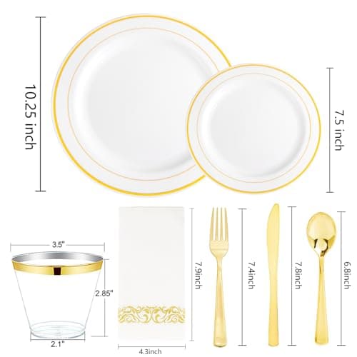 B UCLA 350PCS Gold Plastic Dinnerware Set for 50 Guests Party Supplies
