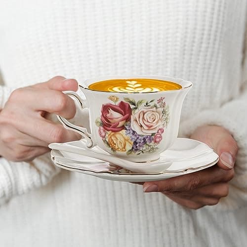 Vintage Rose Tea Cups and Saucers Set, 8 OZ Ceramic with Gold Trim for Tea Party