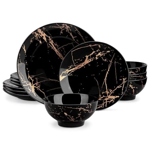 LOVECASA Black & Gold Porcelain Dinnerware Set, 12 Pieces, Dishwasher Safe