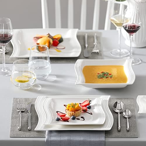 Modern Square Dinnerware Set for 6, 30-Piece Porcelain, Ivory White, Series Flora