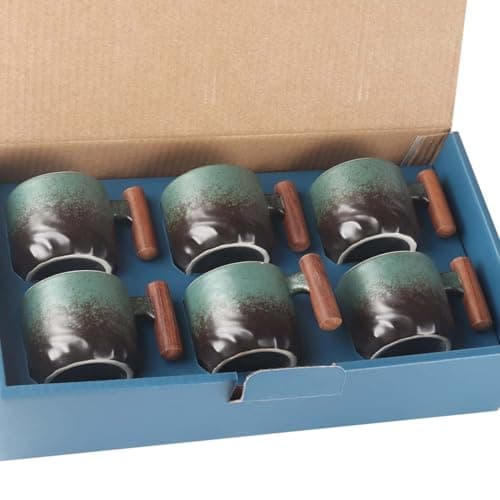 Set of 2 Ceramic Espresso Cups with Wooden Handle-Small Tea Cups — Green