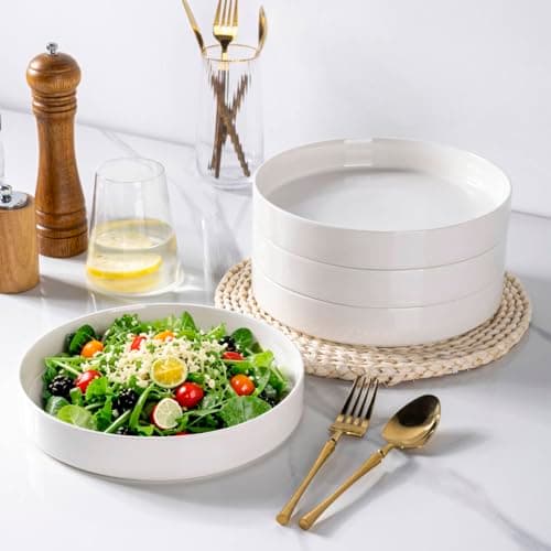 LERATIO Ceramic Large Salad Bowls Set of 4, 30 Oz Microwave & Oven Safe White