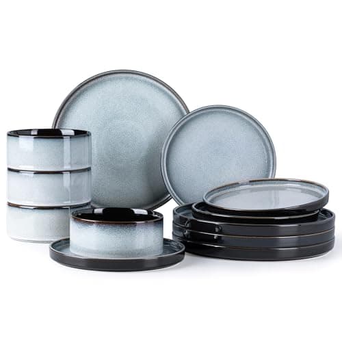 LERATIO Blue Ceramic Dinnerware Set for 4, Round Reactive Glaze Plates & Bowls, Chip & Crack Resistant, Dishwasher & Mic — Reactive-Gray White