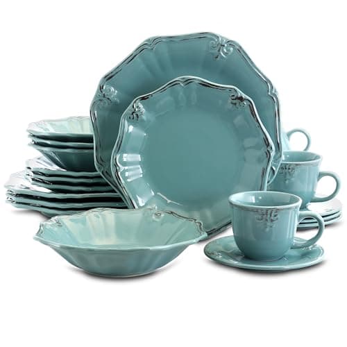 Elegant 20-Piece White Stoneware Dinnerware Set — Turquoise