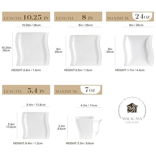 Modern Square Dinnerware Set for 6, 30-Piece Porcelain, Ivory White, Series Flora