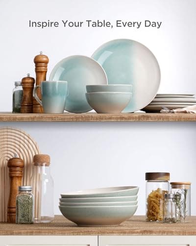 Famiware Glacier Series 8.7" Stoneware Pasta Bowls Set of 4, 34oz, Microwave & Dishwasher Safe, Aqua