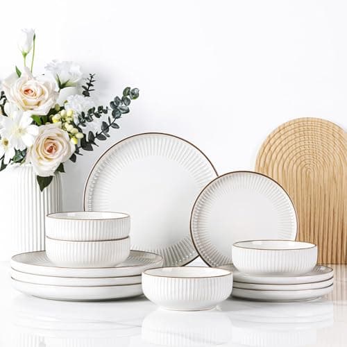 GBHOME Elegant Stoneware Dinnerware Set, 12-Piece Embossed Plates & Bowls | Safe for Dishwasher & Microwave | Ideal Hous — Vintage White