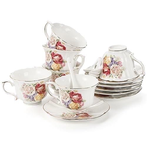 Vintage Rose Tea Cups and Saucers Set, 8 OZ Ceramic with Gold Trim for Tea Party