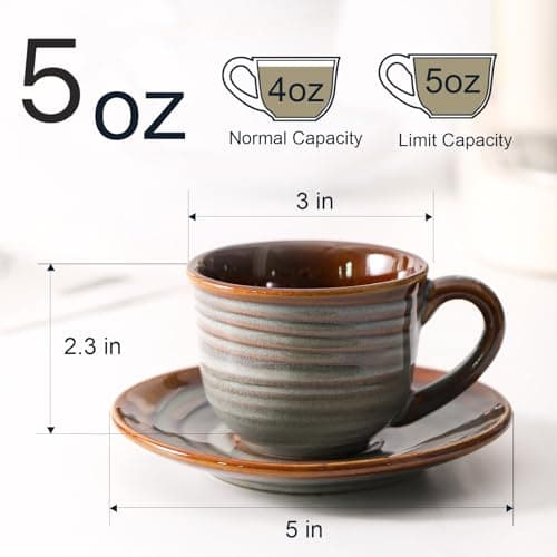 Ceramic Espresso Cups & Saucers, 5 Oz, Set of 4, Small Coffee Mugs Brown