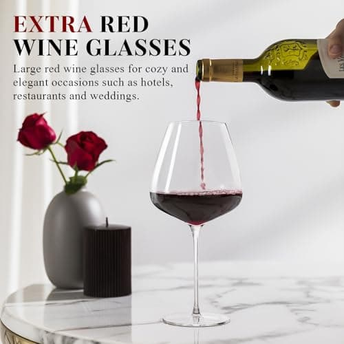 Hand Blown Red 32oz Wine Glasses Set of 4 - Crystal Burgundy Clear, Thin, Mothers Day, Wedding, Birthday