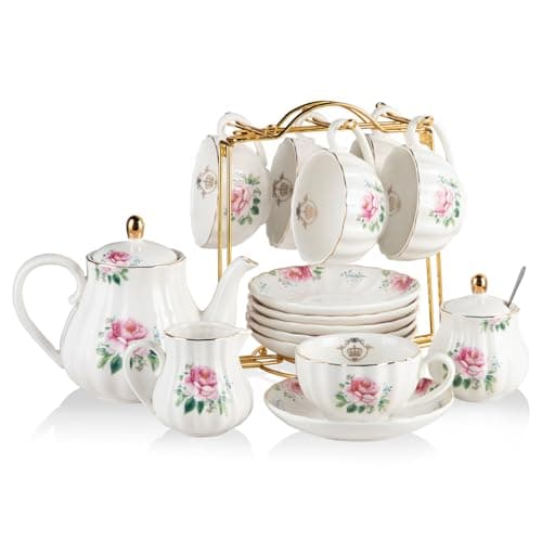 Sweejar British Royal Porcelain Tea Set, 8oz Cups & Saucer for 6 Guests, Teapot Included — Blush Pink