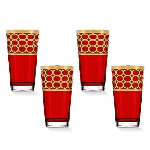 Lorren Home Trends Deep Red High Ball Glasses with Gold Rings, Set of 4