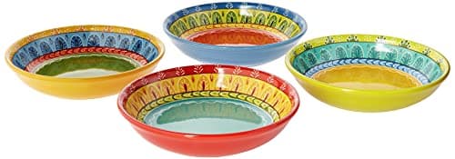 4-Piece Valencia Soup and Pasta Bowls Set, 38 oz, Multicolor Ceramic, Hand-Painted Inspired Patterns, Microwave Safe