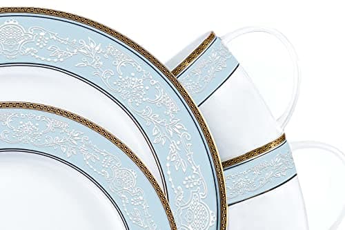Fine Bone China 16-Pcs Dinnerware Set, Classic Relief Gilt Edged Porcelain
