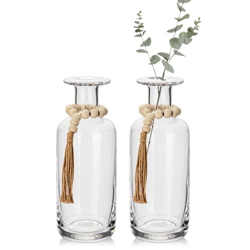 Clear Glass Vase Set - 2PCS Farmhouse Vases with Wood Beads