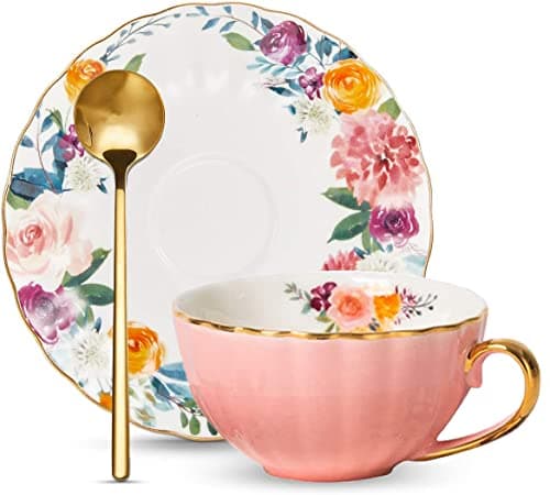 ONEUSTAR 8 Oz Bone China Tea Cup and Saucer Set for Mom Birthday Party Gifts — Pink