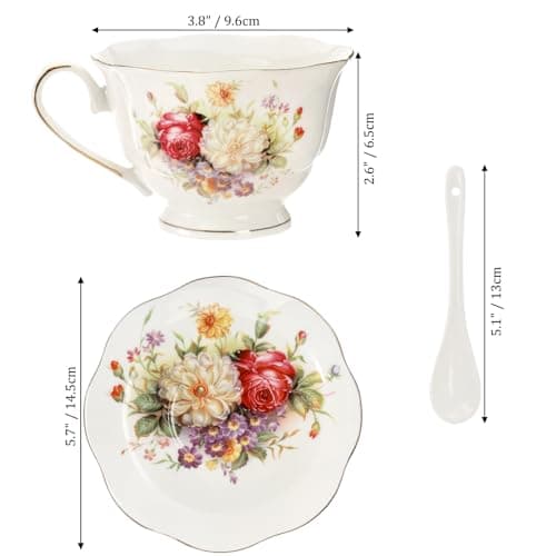 Foraineam 6-Piece Floral Tea Cup Set with Gold Trim