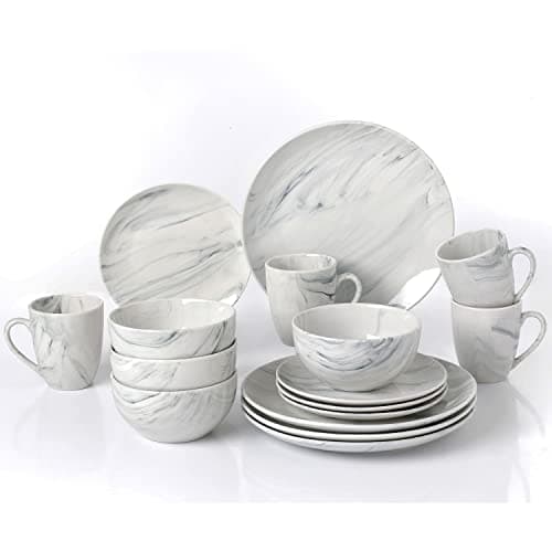 Lorren Home Multi-Marble 16-Piece Porcelain Dinnerware Set for Parties — Gray Marble