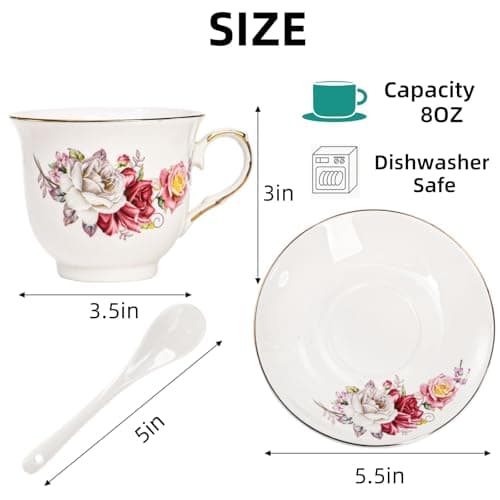 Tea Cup Set with Gold Trim, Set of 6 - 8 Oz Cups and Saucers for Espresso, Latte, and Mocha