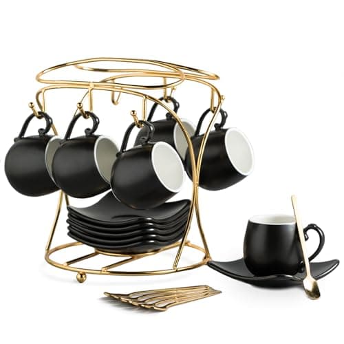 LYEOBOH Black Ceramic Espresso Cup Set with Spoons & Stand, 3 oz Demitasse Mugs — B-Black