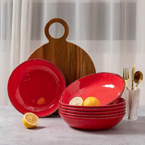 LEHAHA Vintage Red Melamine Pasta Bowls, Set of 6, 9.25" Salad Bowls, Dishwasher Safe…