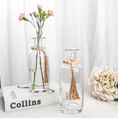 Clear Glass Vase Set - 2PCS Farmhouse Vases with Wood Beads