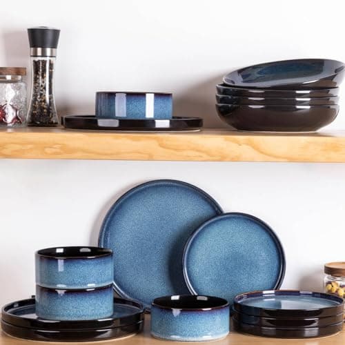 LERATIO Blue Ceramic Dinnerware Set for 4, Round Reactive Glaze Plates & Bowls, Chip & Crack Resistant, Dishwasher & Mic