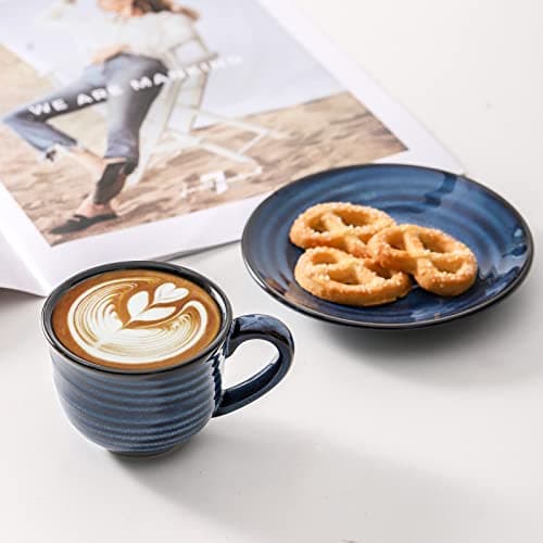 Set of 4 Navy Blue Ceramic Espresso Cups with Saucers