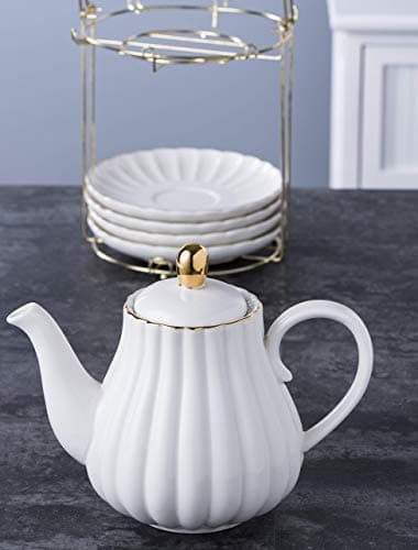 Jusalpha 17-Piece White Porcelain Tea Set Includes Cup, Saucer, Spoons, Teapot, Creamer