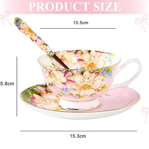 ONEUSTAR Pink Vintage Floral Bone China Tea Cup and Saucer Set