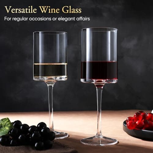 Premium Crystal Wine Glasses - Hand Blown, Long Stem, Square Design - Set of 4, 15oz