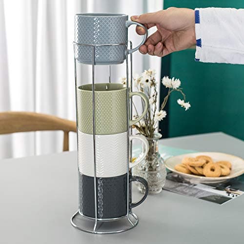 Hasense Stackable Porcelain Coffee Mugs Set of 4 with Metal Stand, 15 Ounce