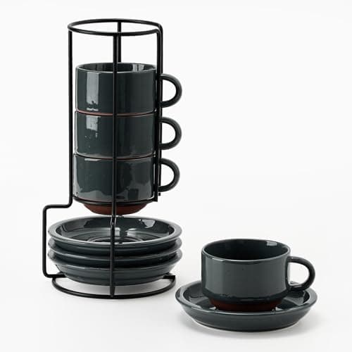 Stackable Espresso Cups Set with Saucers and Stand, 4 oz, Set of 4 — Dark Gray