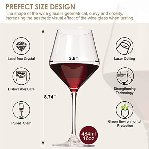Lead-Free Premium Crystal White & Red Wine Glasses, Hand Blown Italian Style, 6 Pack(16oz)