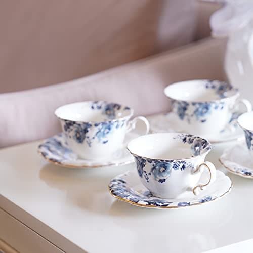 4-Piece Blue and White Jomop Ceramic Tea and Coffee Cups with Saucers