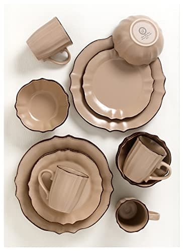 Lorren Home Trends 16-Piece Scalloped Edge Cocoa Dinnerware Set