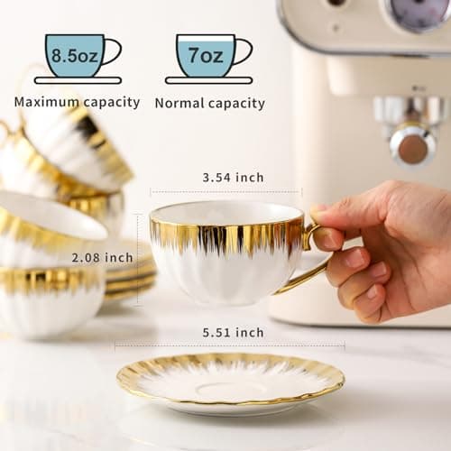 LETAOTAO 7 oz Porcelain Cappuccino Cups Set with Saucers - 6 Tea and Coffee Cups with Gold Trim