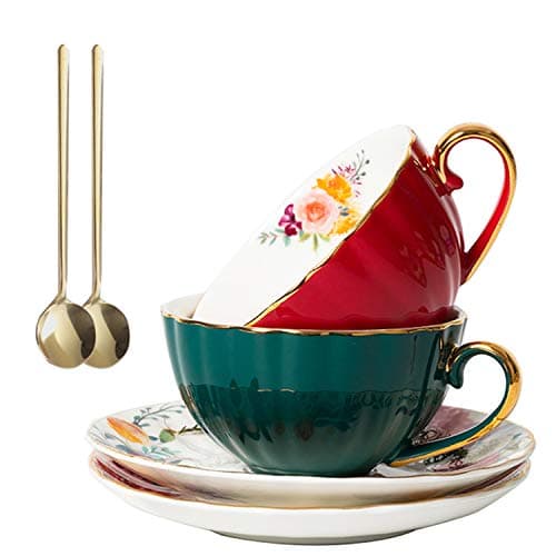 European Royal Porcelain Tea Cup & Coffee Set, 2 Tea Cups & 2 Coffee Mugs with Saucers & Spoons & Gift Box — Crimson+Dark Green